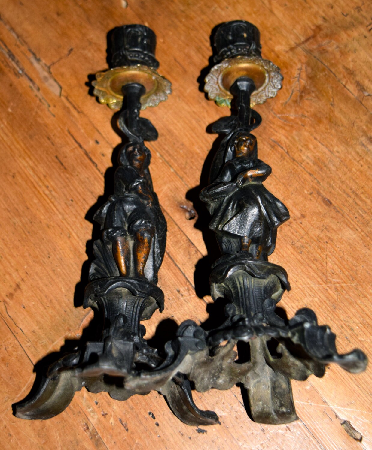 RARE PAIR of Antique French Candlesticks 19th C, motif - fishermens