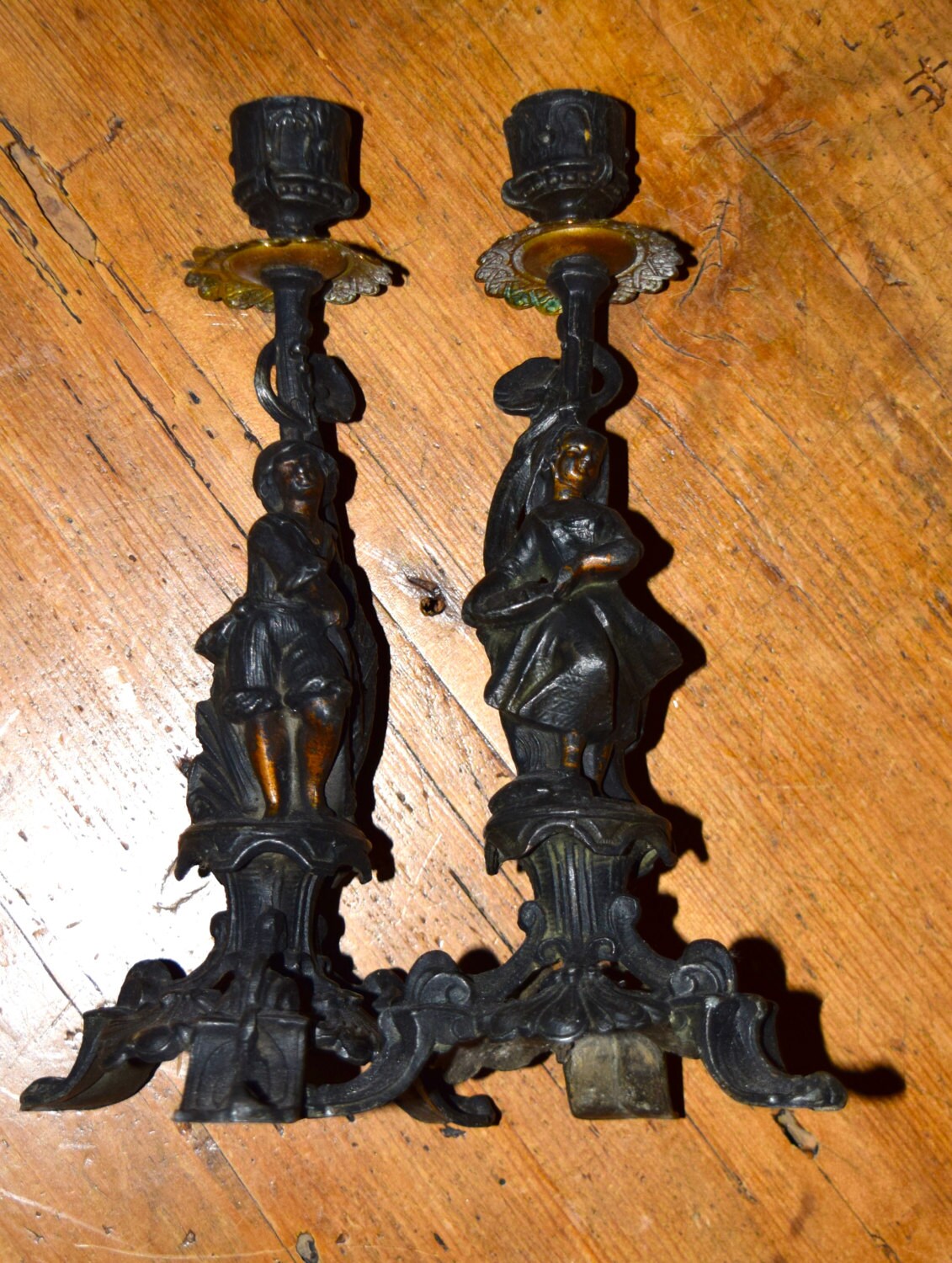 RARE PAIR of Antique French Candlesticks 19th C, motif - fishermens