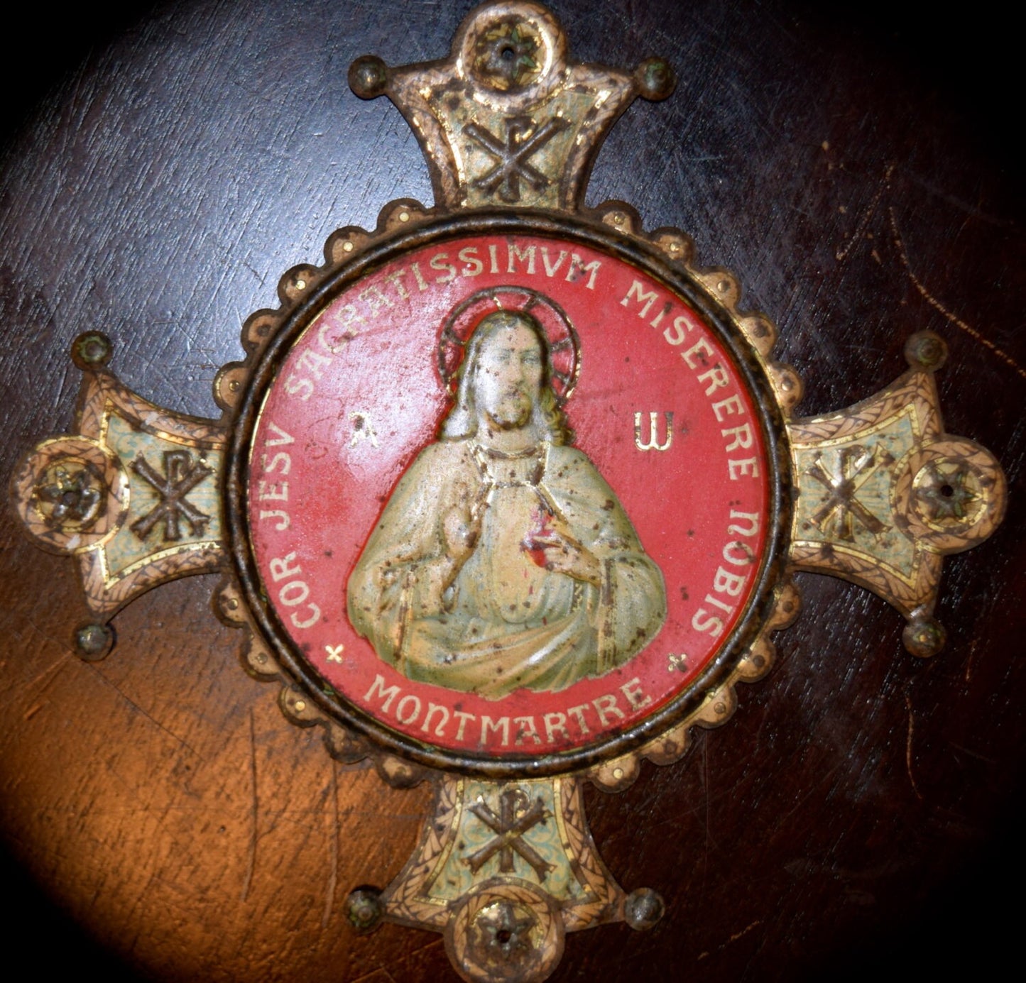 Antique  French Tin Repousse Door Plaque Jesus Sacred Heart Montmartre Paris   Sku:  C022