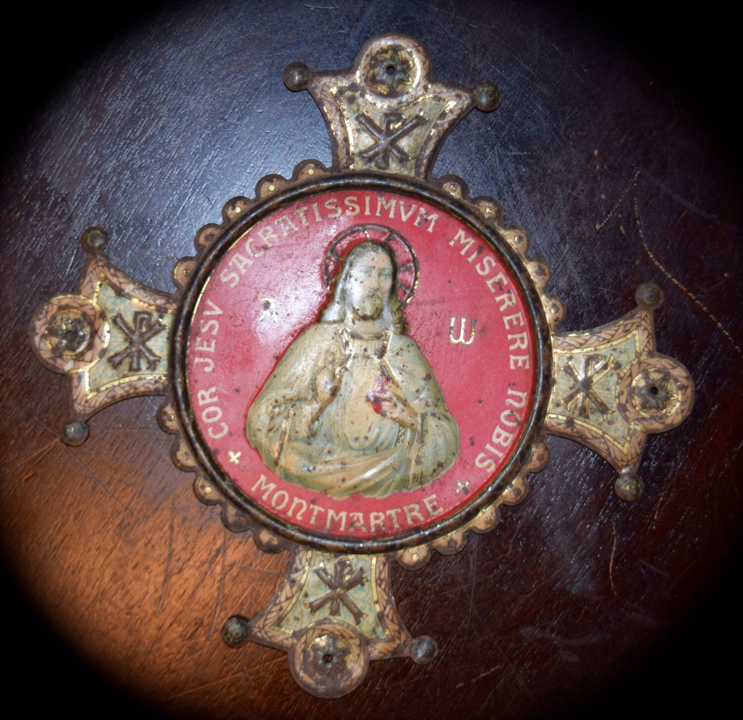 Antique  French Tin Repousse Door Plaque Jesus Sacred Heart Montmartre Paris   Sku:  C022