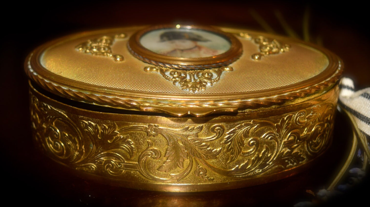 Antique French Gilt Metal Jewelry Box Portrait Napoleon   Sku: J055