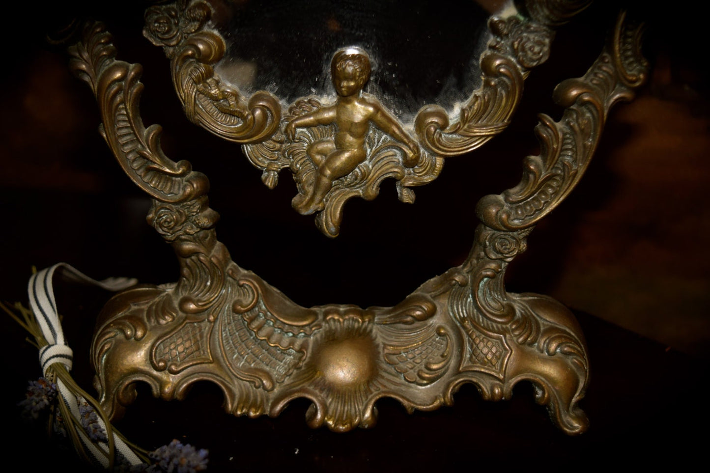 Antique Brass Putti Angel Rococo Style Mirror     Sku: C154