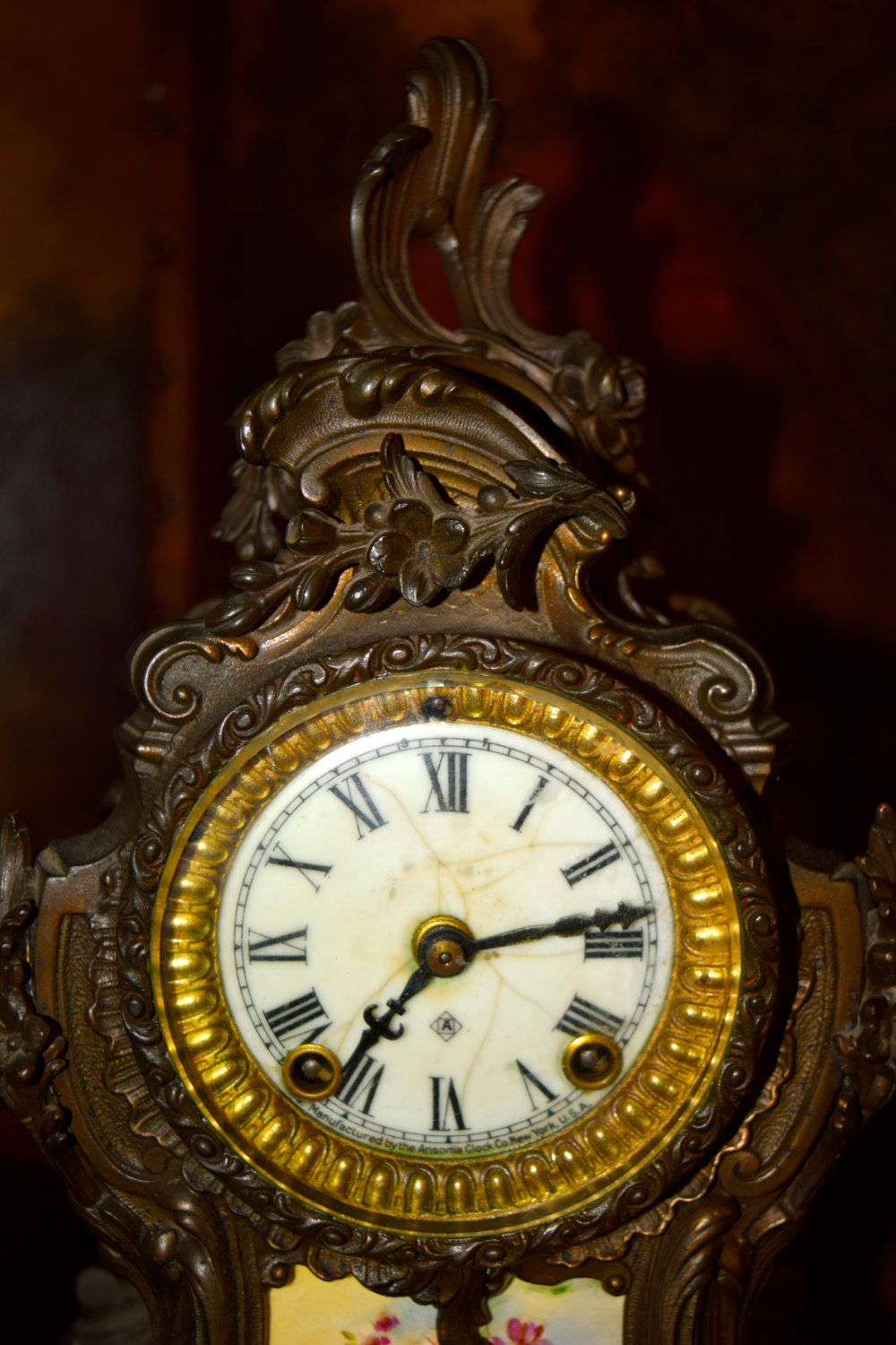 Ansonia Bronzed Ormolu and Porcelain Clock c.1800's  Sku:  C156