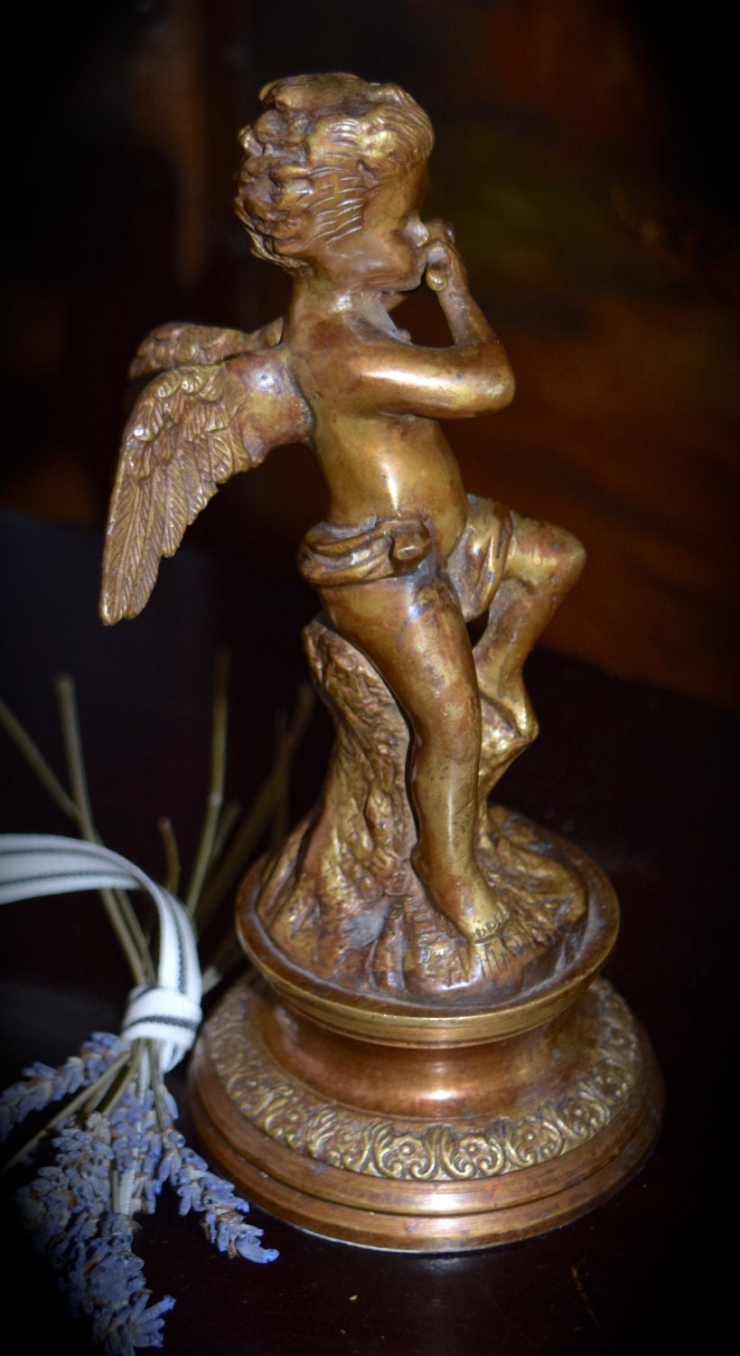 Antique Patinated Brass Sculpture Putto Playing the Flute   Sku: C219