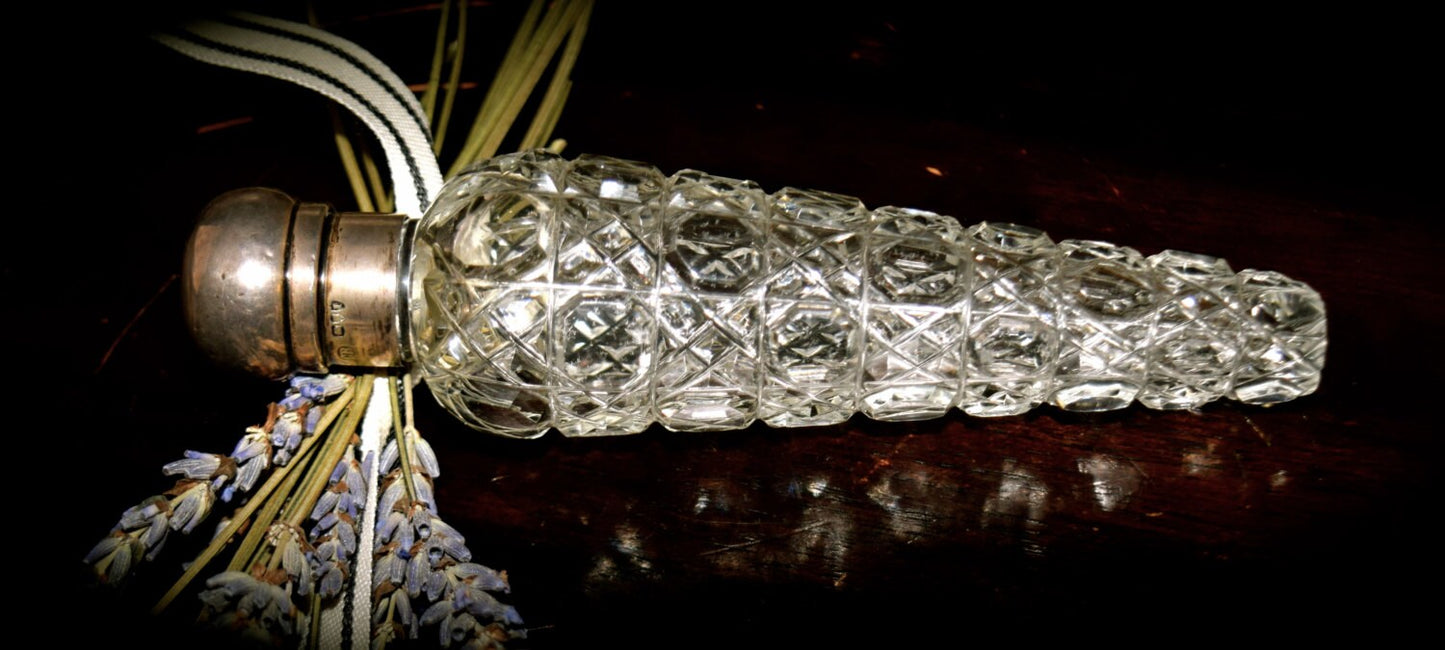 Antique c.1800's English Cut Crystal  and Sterling Silver Lay Down Scent Bottle   Sku: C223