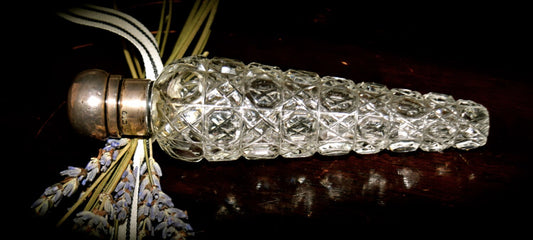 Antique c.1800's English Cut Crystal  and Sterling Silver Lay Down Scent Bottle   Sku: C223