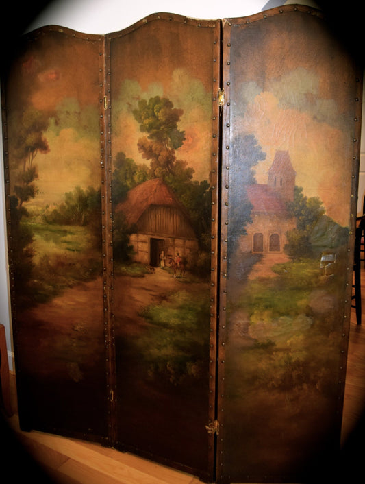 Hand Painted English 3 Panel Floor Screen c.1800's    Sku: C234