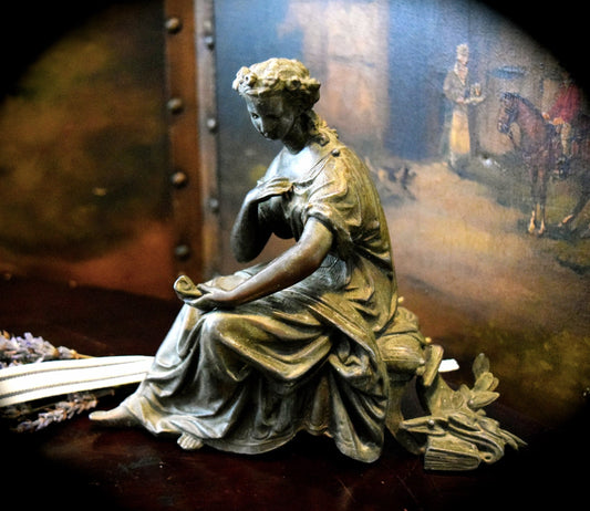 Antique  Woman Reading Spelter Clock Topper  Late 1800's    Sku: C254