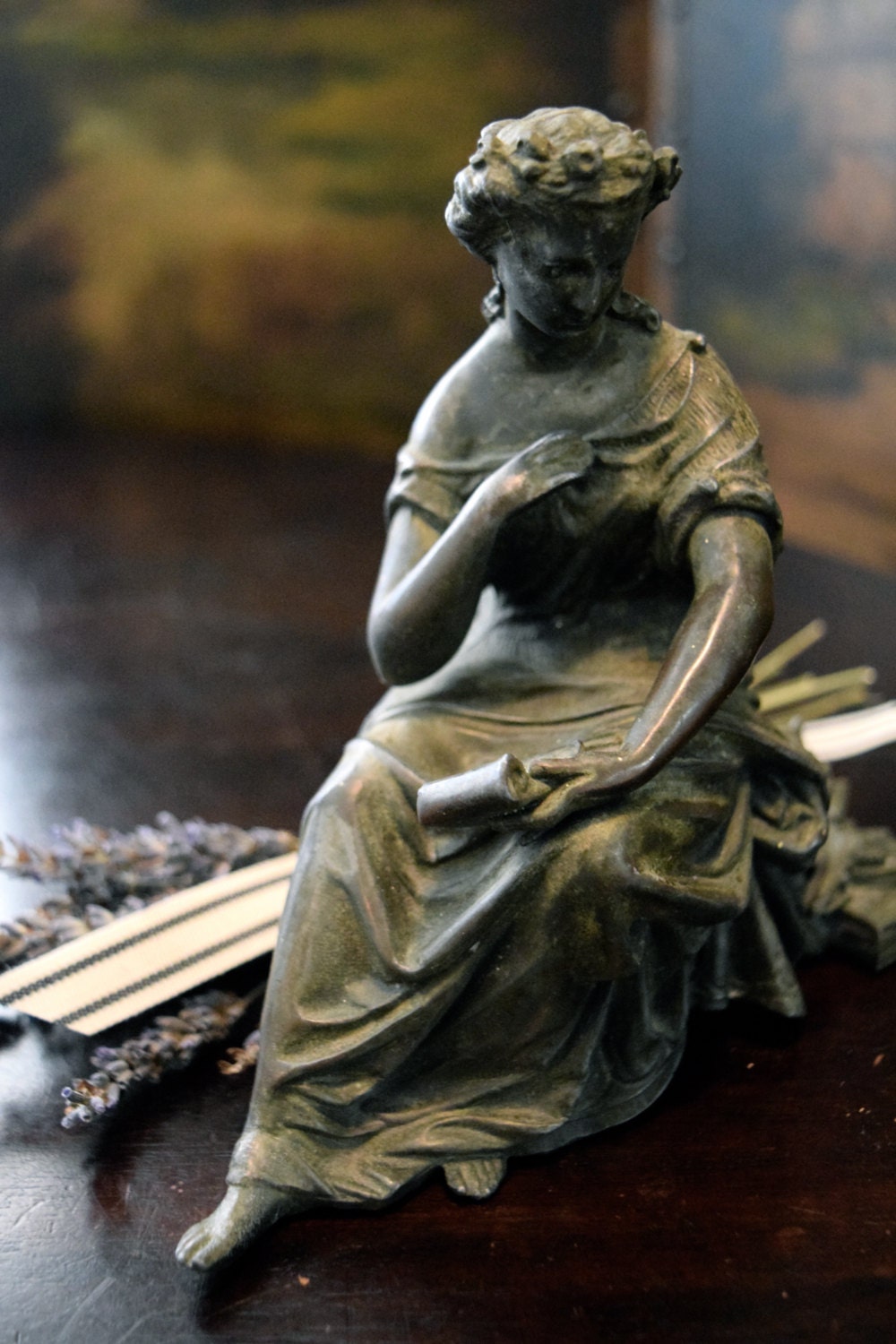 Antique  Woman Reading Spelter Clock Topper  Late 1800's    Sku: C254